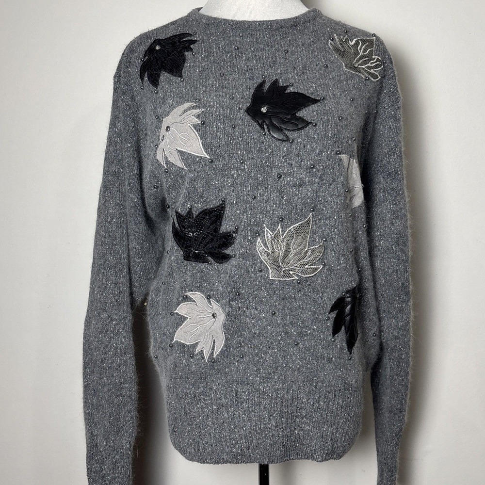 Donagain Womens VTG Silk Angora Wool Sweater L Embroidered Beaded Art to Wear